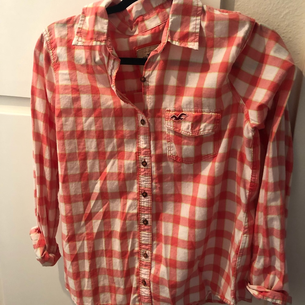 Hollister Coral/Lime/White Flannel Button Down